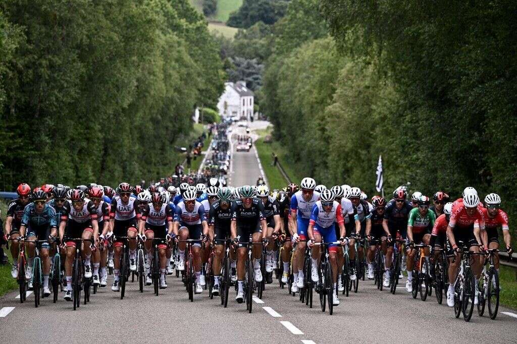 Photo prise sur la première étape du Tour de France, où la pancarte d'une spectatrice a provoqué la chute d'une partie du peloton
