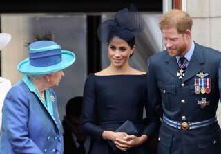 La reine Elizabeth II, Meghan Marke et le prince Harry, en 2018, à Londres.