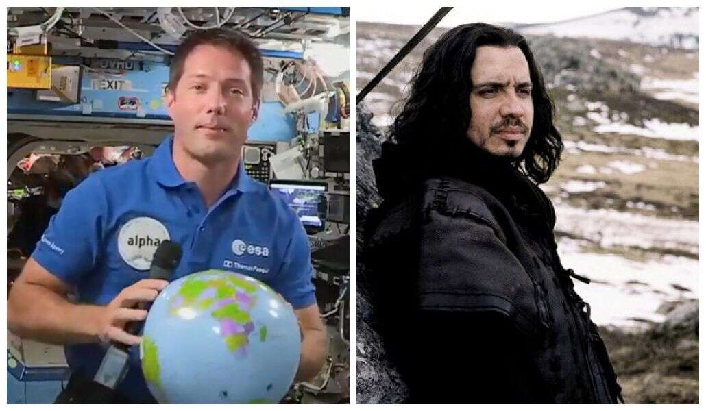 A droite : Thomas Pesquet à bord de l'ISS, le 30 avril 2021. A gauche : Alexandre Astier lors du tournage de Kaamelott en 2007.