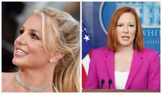 A gauche : la chanteuse Britney Spears en à Hollywood en 2019. A droite: La porte-parole de la Maison Blanche, Jen Psaki le 22 juin 2021.