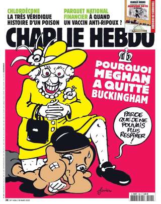 Cette Une de Charlie Hebdo en date du 10 mars a fait polémique au Royaume-Uni, la comparaison entre Meghan Markle et George Floyd ne passant pas du tout outre-Manche.