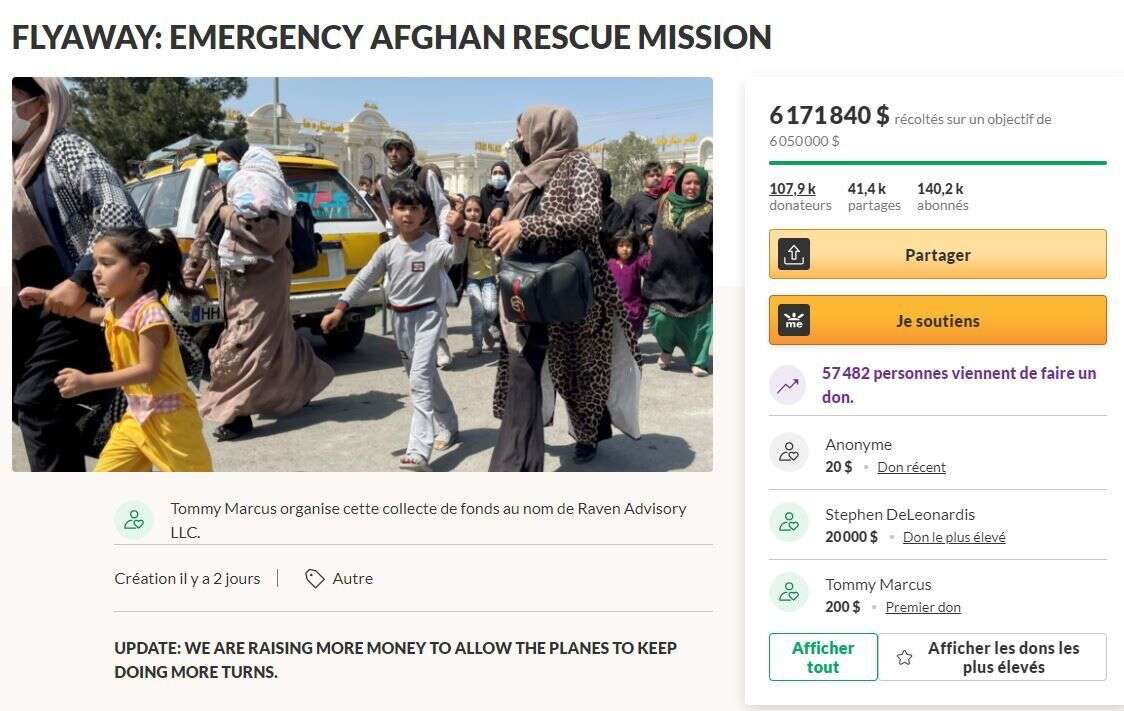 La page GoFundMe de l'appel au don pour l'évacuation de civils afghans.
