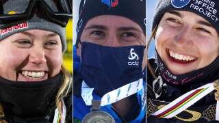 Tess Ledeux, Quentin Fillon-Maillet et Perrine Laffont (de gauche à droite) font partie des plus belles chances de médaille pour l'équipe de France aux Jeux olympiques d'hiver de Pékin.