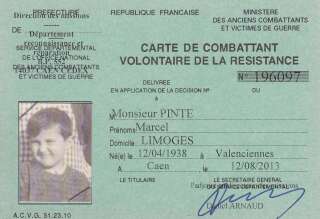 Cette photo fournie par la famille de Marcel Pinte en novembre 2020 montre la carte de combattant volontaire de la Résistance qui lui avait été remise à titre posthume.