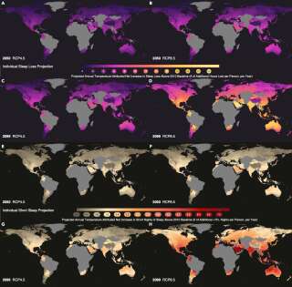 Cartes mondiales projetant la perte nette de sommeil annuelle par personne attribuée à la température d'ici 2050 et 2099.