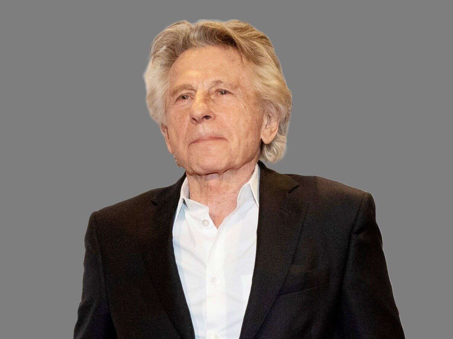 Roman Polanski headshot, director, graphic element on gray
