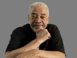 Bill Withers headshot, singer-songwriter, graphic element on gray