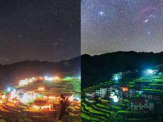 Le ciel du comté de Kaihua, en Chine, la nuit du 16 mai 2019, dans le cadre d'une opération de la NASA visant à sensibiliser à la pollution lumineuse. La photo de droite a été prise avec la même caméra, au même endroit, lumières éteintes.