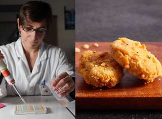 A droite, les images des nuggets de viande de culture commercialisés par Eat Just. A gauche, une scientifique analyse de la viande pour un concours de la répression des fraudes. Images d'illustration.