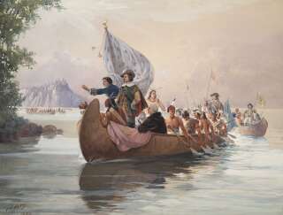 Samuel de Champlain lors d'une expédition avec des Amérindiens sur le lac Huron, en 1615.