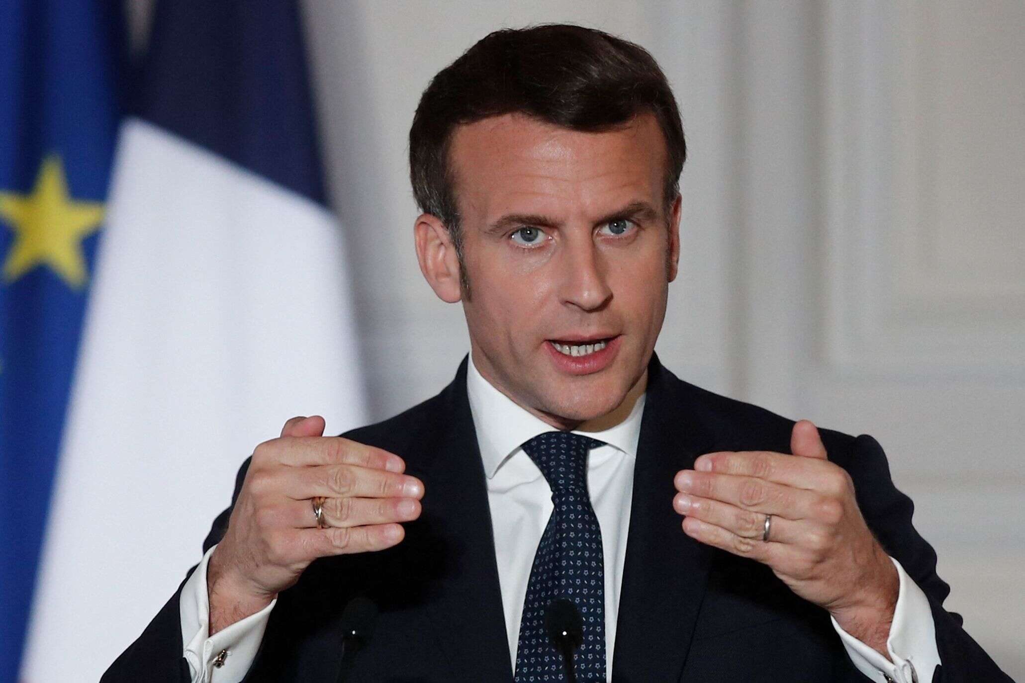 Le président, Emmanuel Macron. Paris, le 25 mars 2021. (BENOIT TESSIER / POOL / AFP)