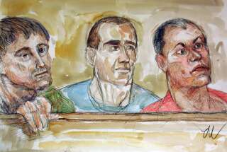 Croquis d'audience réalisé le 11 juillet 2003 à la cour d'assises spéciale de Paris, montrant trois des huit hommes accusés de l'assassinat du préfet de Corse Claude Erignac. À gauche, Pierre Alessandri et tout à droite Alain Ferrandi.