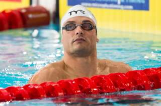 Florent Manaudou ce 6 décembre lors du 50 m nage libre aux championnats d'Europe de natation à Glasgow, en Écosse.