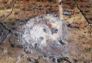 Photo prise d'un drone de l'endroit où s'est déroulée l'opération qui a mené à la mort d'al-Baghdadi en Syrie.