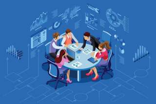 Isometric people team contemporary management concept. Can use for web banner, infographics, hero images. Flat isometric vector illustration isolated on blue background.Â