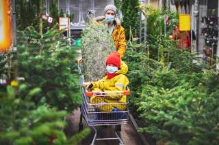 Father and son choosing Christmas tree at the shop in  face masks