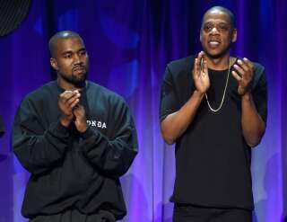 Kanye West et Jay-Z sur la scène de l'évènement #TIDALforALL le 30 mars 2015 à New York.