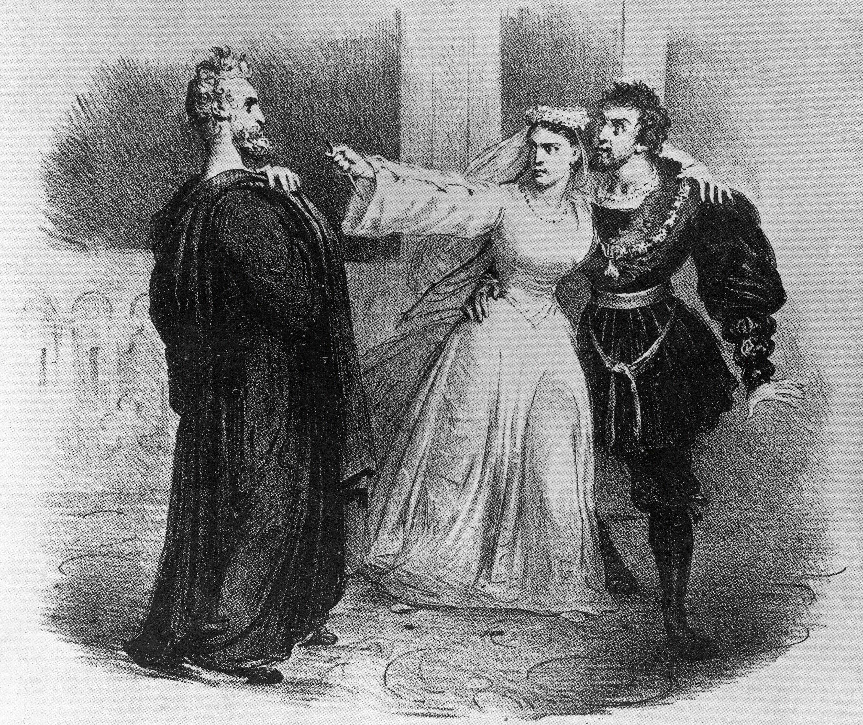 Illustration d'Hernani, Dona Sol et Don Ruy Gomez dans le cinquième acte de l'oeuvre de Victor Hugo.