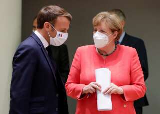 Emmanuel Macron et Angela Merkel, ici à Bruxelles en Belgique, le 21 juillet 2020.