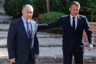 Emmanuel Macron lors de sa rencontre avec Vladimir Poutine qu'il a accueilli à Brégançon le 19 août 2019.