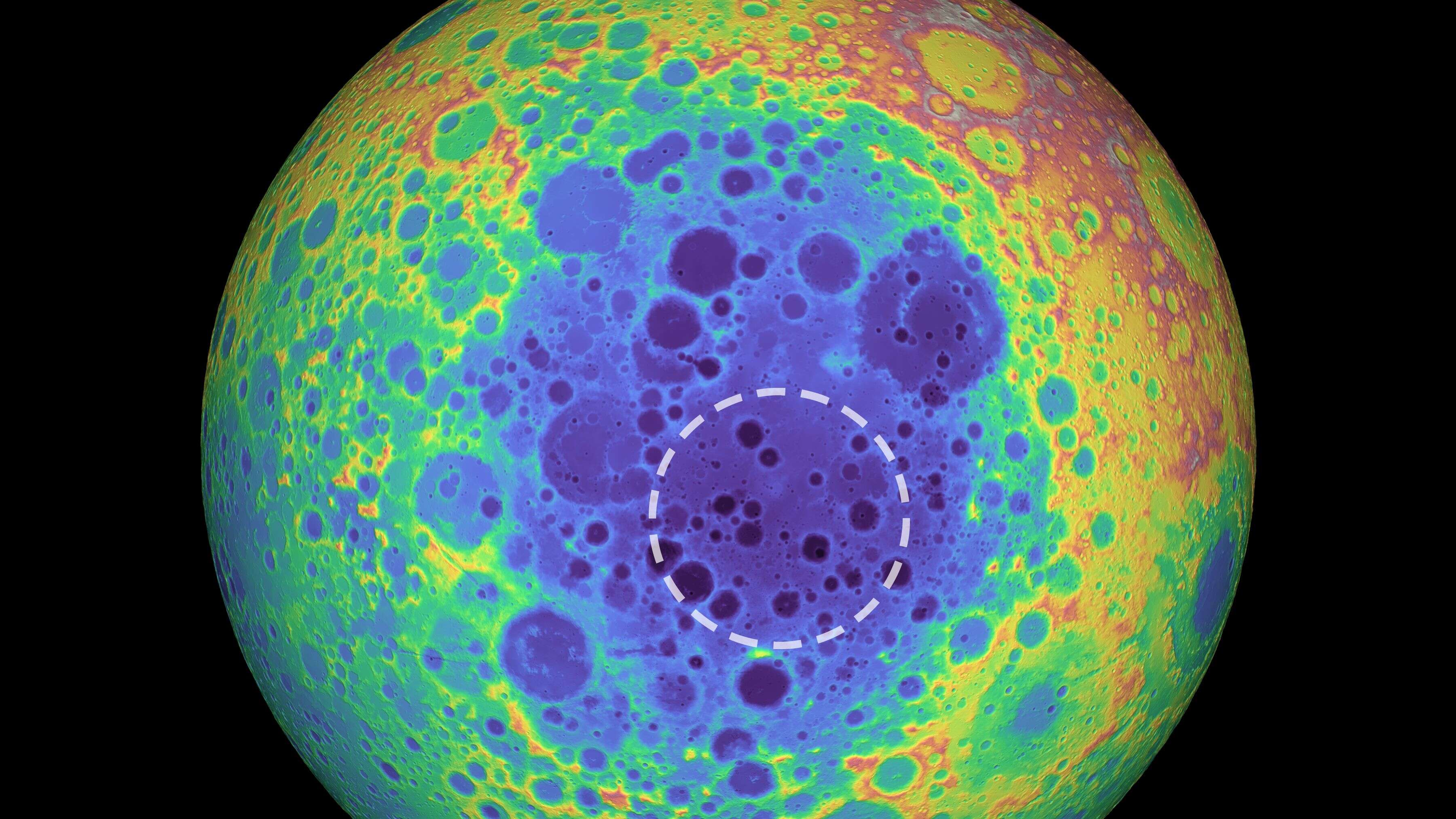 En bleu, la masse anormalement élevée du pôle sud de la Lune.