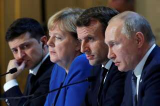 Volodymyr Zelensky, Angela Merkel, Emmanuel Macron et Vladimir Poutine, le 9 décembre 2019 à l’Élysée.