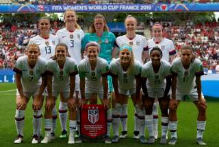 L'équipe américaine féminine avant son 8e de finale du Mondial contre l'Espagne à Reims le 24 juin 2019.
