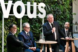 Edouard Philippe, Richard Ferrand, François Bayrou et Stanislas Guérini, le 5 mai 2022 lors du lancement des législatives