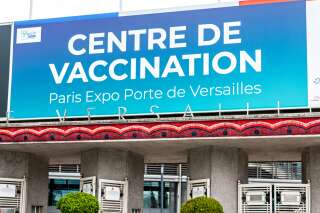 Vaccinodrome in France :  entrance sign of covid-19 vaccination center, in Paris, porte de Versailles. May 20, 2021.