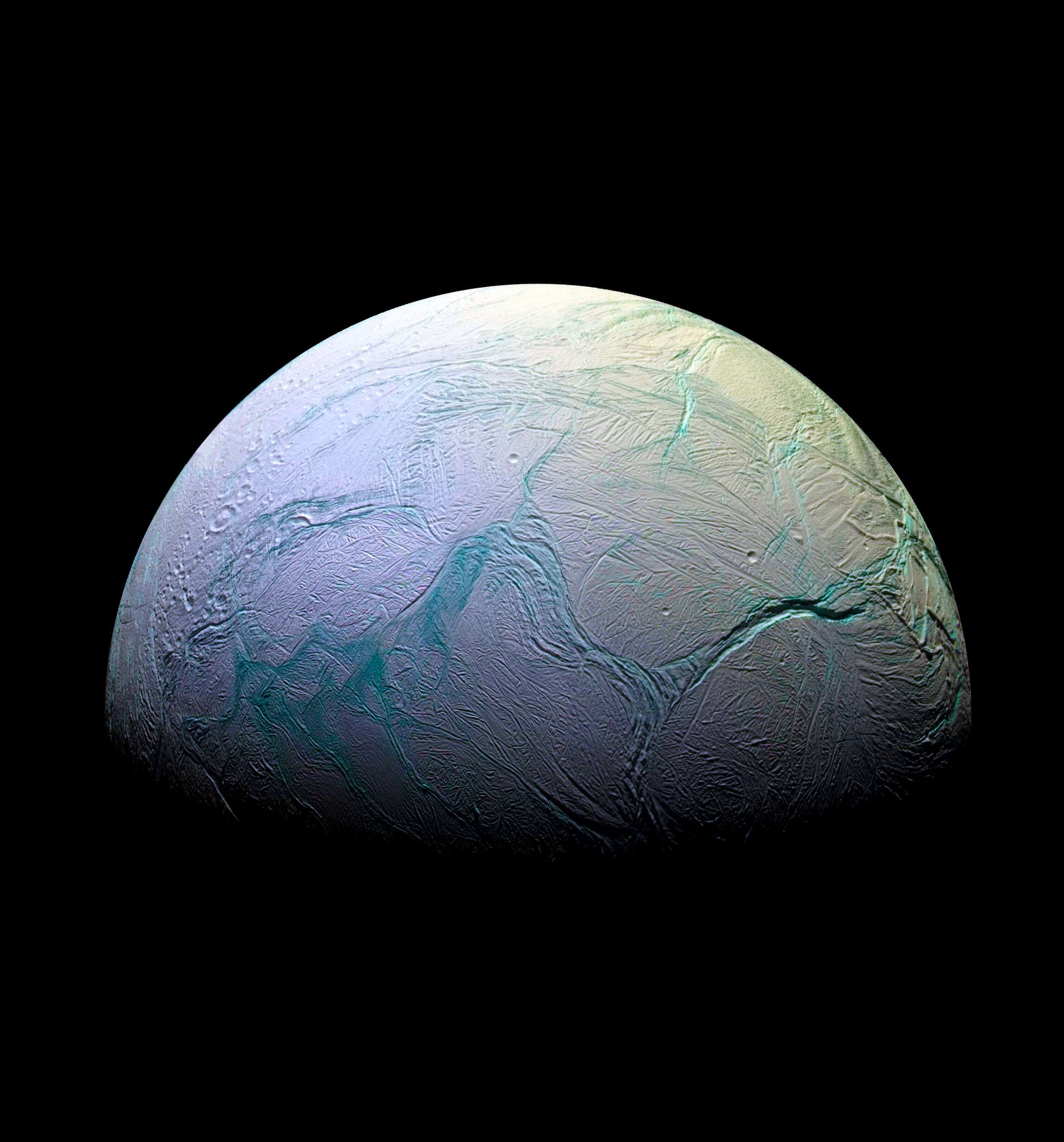 Photograph of Enceladus, the sixth-largest moon of Saturn. Dated 2015. (Photo by: Universal History Archive/Universal Images Group via Getty Images)