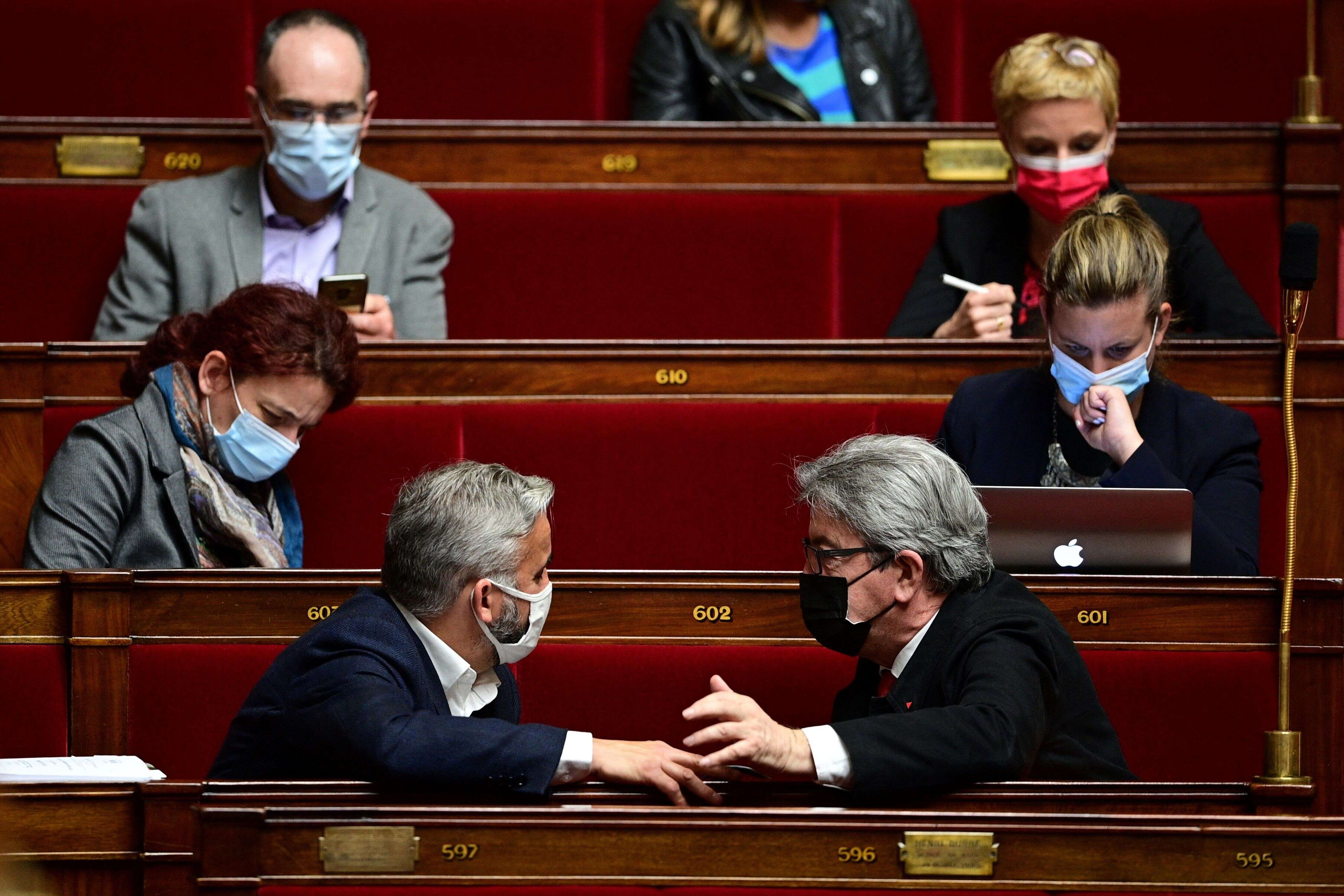 Jean-Luc Mélenchon et Alexis Corbière à l'Assemblée nationale, le 11 mai 2021.