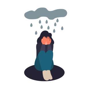 Depressed woman sit on the floor. Depressed young girl crying covering her face with her hands. Sad female flat character sits in the rain.