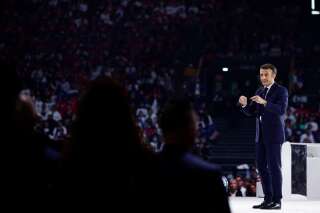 Emmanuel Macron lors de son meeting à Nanterre, le samedi 2 avril 2022<br />