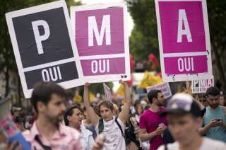 Plusieurs manifestants pro-PMA pour toutes lors d'une marche des fiertés le 29 juin 2013.