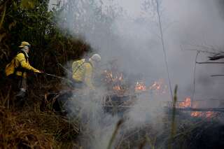 Des pompiers tentent d'éteindre une partie de l'incendie dans le parc national de Jacunda, au Brésil, le 26 août.