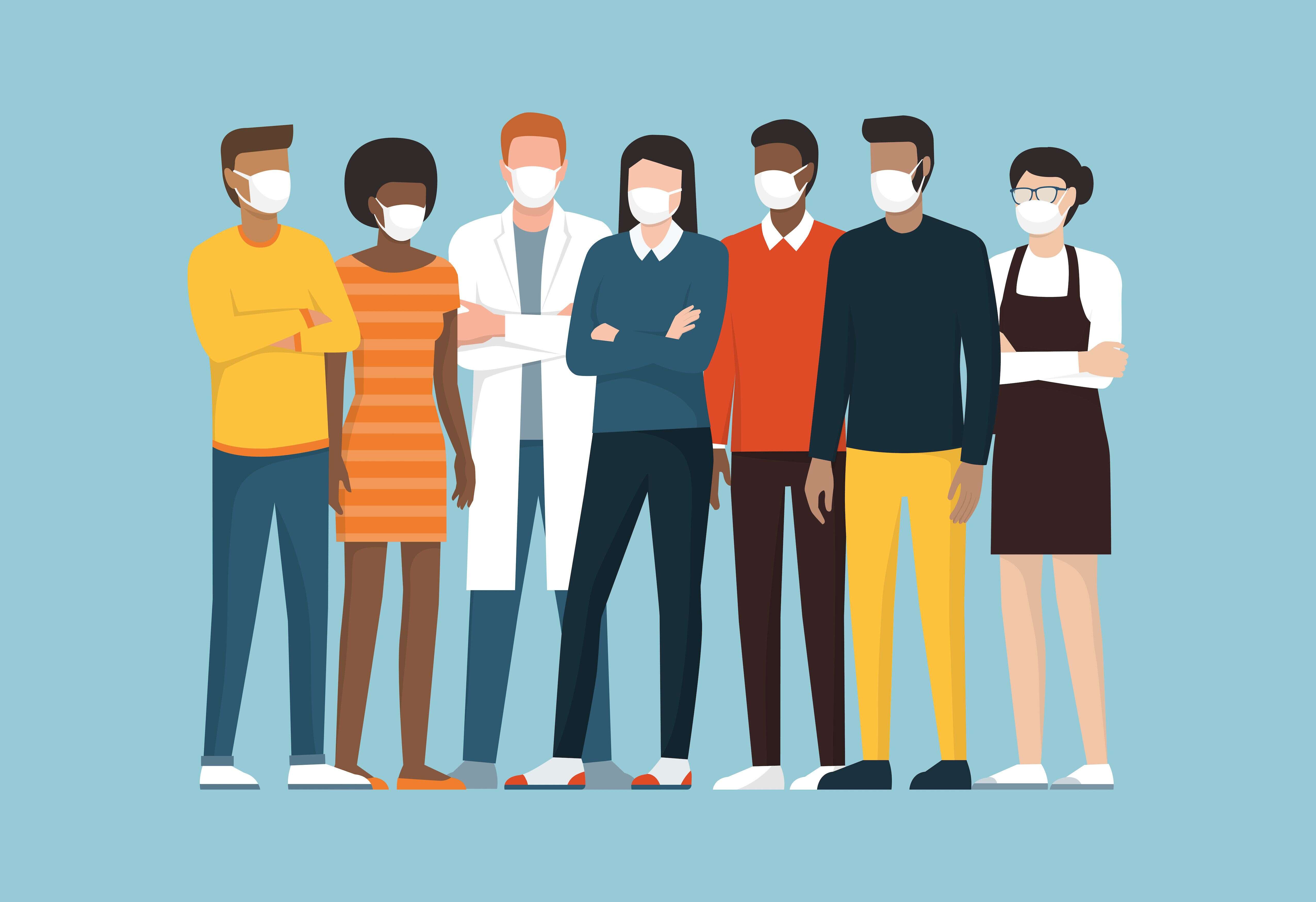Group of people wearing surgical masks and standing together, coronavirus covid-20119 prevention and safety procedures concept