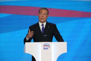 Dmitri Medvedev, ici prononçant un discours lors du Congrès du parti Russie unie à Moscou, le 24 août 2021.