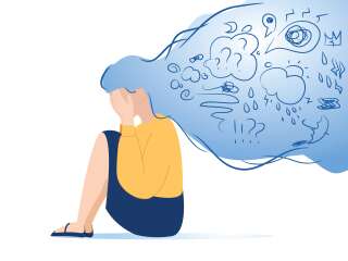 Mental disorder, finding answers, confusion concept. Woman suffering from depression, closing face with palms in despair, girl trying to solve complex problems. Simple flat vector. Stress at work
