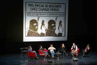 La rédaction de Charlie Hebdo participant au Forum mondial de la démocratie, sur la liberté de la presse, à Strasbourg, le 2 novembre 2019.