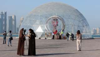 A Doha au Qarar, le compte à rebours avant la Coupe du monde de football, le 3 février 2022.
