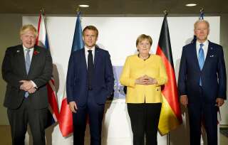 Boris Johnson, Emmanuel Macron, Angela Merkel et Joe Biden, 4 dirigeants des pays du G20 qui ont approuvé la taxe de 15% sur les multinationales le 30 octobre 2021.