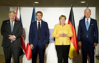 Boris Johnson, Emmanuel Macron, Angela Merkel et Joe Biden, 4 dirigeants des pays du G20 qui ont approuvé la taxe de 15% sur les multinationales le 30 octobre 2021.