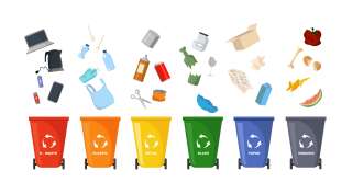 There are images on the trash cans in different colors. These images are designed to make it easier for people to distinguish. There are plastic, glass, paper and food waste bins. Each of the six boxes has icons of the appropriate products. Vector illustration of sorting garbage to facilitate recycling. Illustration designed on a plain background.