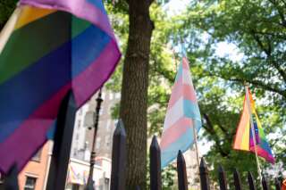 Illustration de rainbow flag et du drapeau trans à New York le 26 juin 2020.
