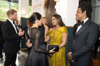 Meghan Markle et Beyonce entourées de leur compagnon respectif, le Prince Harry et le rappeur Jay-z, lors de la première européenne du film Le Roi Lion le 14 juillet 2019 à Londres.