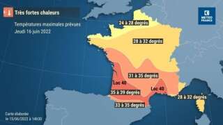 La carte des température de ce jeudi 16 juin, où il fera 40°C dans certains zones du sud de la France.