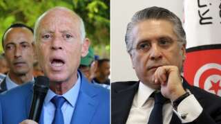 Kais Saied, ici le 7 septembre à Gafsa, et Nabil Karoui, le 2 août à Tunis, revendiquent tous deux leur qualification au second tour de l'élection présidentielle en Tunisie.