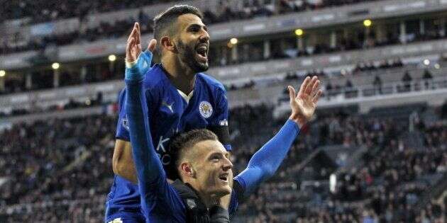 Jamie Vardy celebrates with Riyad Mahrez after scoring the first goal for Leicester City during their English Premier League soccer match against Newcastle United at St James' Park in Newcastle, Britain, in this November 21, 2015 file photo. To match Feature SOCCER-ENGLAND/LEI-WORLD  REUTERS/Craig Brough/Files   FOR EDITORIAL USE ONLY. NOT FOR SALE FOR MARKETING OR ADVERTISING CAMPAIGNS. NO USE WITH UNAUTHORIZED AUDIO, VIDEO, DATA, FIXTURE LISTS, CLUB/LEAGUE LOGOS OR