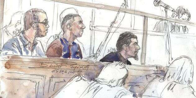Un dessin d'audience, réalisé le 4 avril, montrant Hamza Mosli, Adil Barki et Ali Abdoumi lors du procès à Paris.