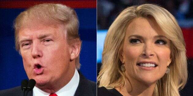 FILE - This file photo combination made from Aug. 6, 2015, photos shows Republican presidential candidate Donald Trump, left, and Fox News Channel host and moderator Megyn Kelly during the first Republican presidential debate at the Quicken Loans Arena, in Cleveland.  Trump isnât backing down from his threat to boycott Thursday nightâs GOP debate.  Trump, who has called Kelly a âlightweightâ and biased, told reporters at an Iowa press conference Wednesday night that he would be holding a fundraising event in Iowa at the same time as the debate to benefit veterans and wounded soldiers instead.  (AP Photo/John Minchillo, File)
